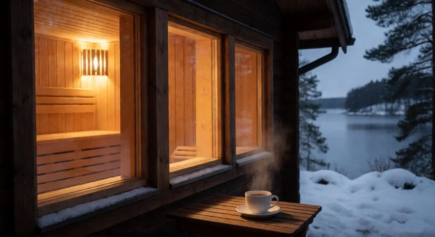 mejor pais nordico para visitar, Casa de sauna finlandesa junto a un lago nevado con luz cálida en las ventanas
