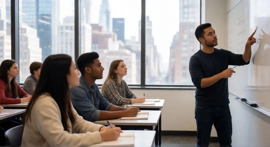 Estudiantes internacionales en una clase de inglés moderna en Nueva York