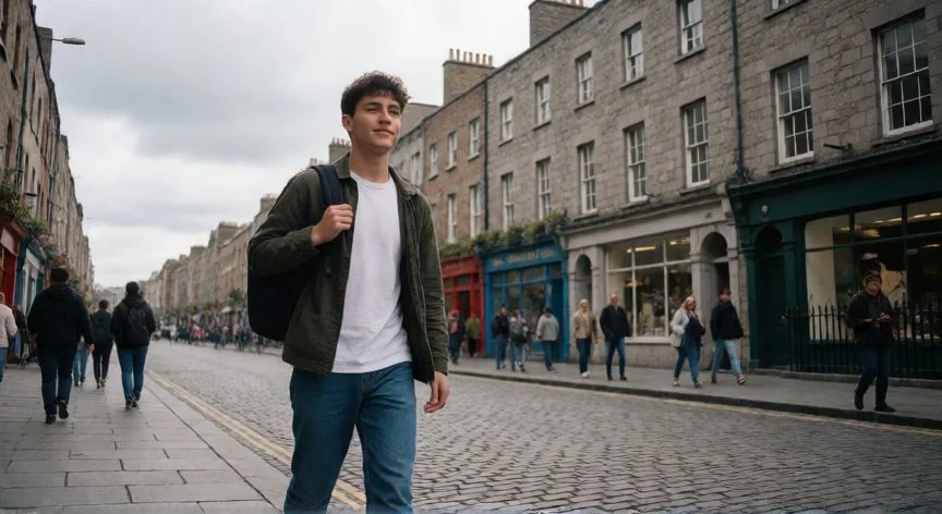 mejor pais para aprender ingles, Estudiante caminando por las calles históricas de Dublín en Irlanda
