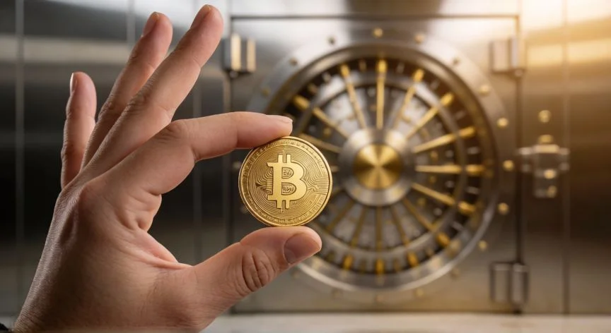 mejor pais para comprar oro, Manos sosteniendo una moneda de oro detallada frente a la puerta de una bóveda bancaria moderna