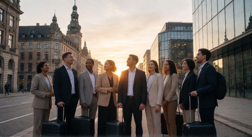 Grupo de profesionales emigrantes en una calle europea al atardecer
