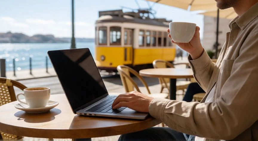 mejor país para emigrar 2025, Nómada digital trabajando en una terraza soleada de Lisboa