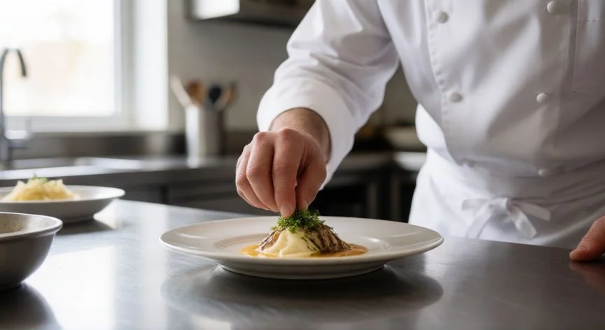 Chef francés colocando un plato de alta cocina en una cocina profesional