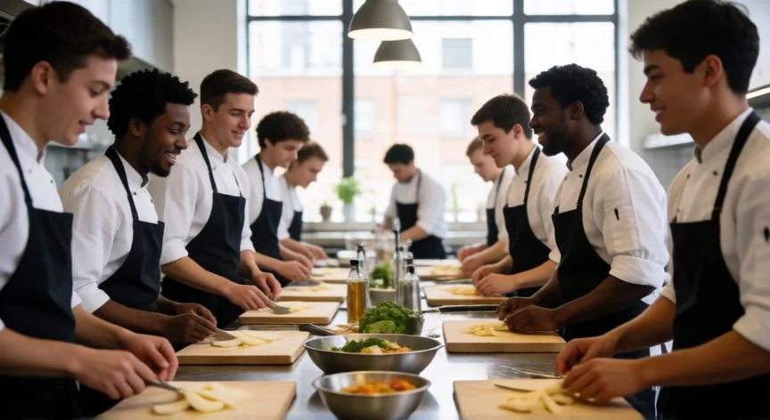 mejor pais para estudiar gastronomia, Estudiantes de gastronomía colaborando en una escuela moderna de Nueva York