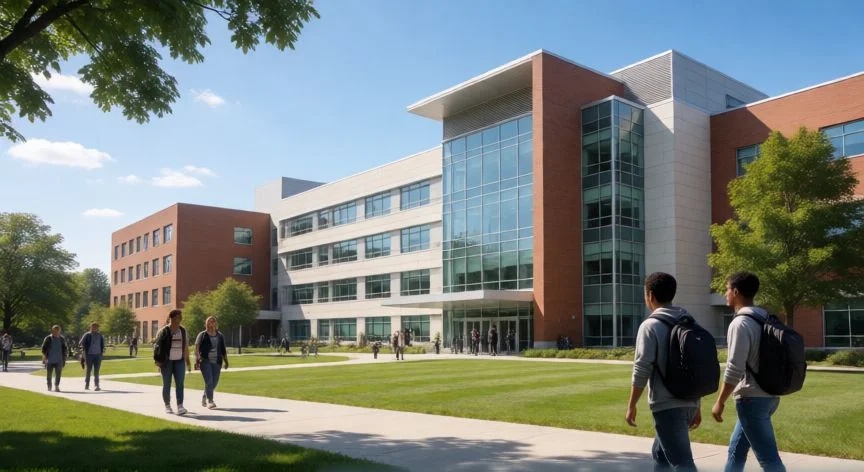 Campus universitario en Estados Unidos con estudiantes de medicina