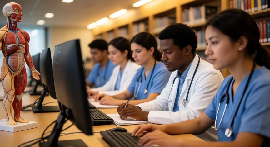 mejor pais para estudiar medicina, Estudiantes de medicina estudiando en una biblioteca universitaria moderna