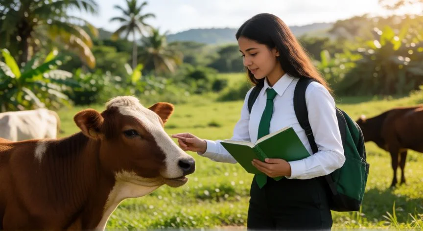 mejor pais para estudiar zootecnia, Estudiante universitario trabajando con ganado en un pastizal brasileño