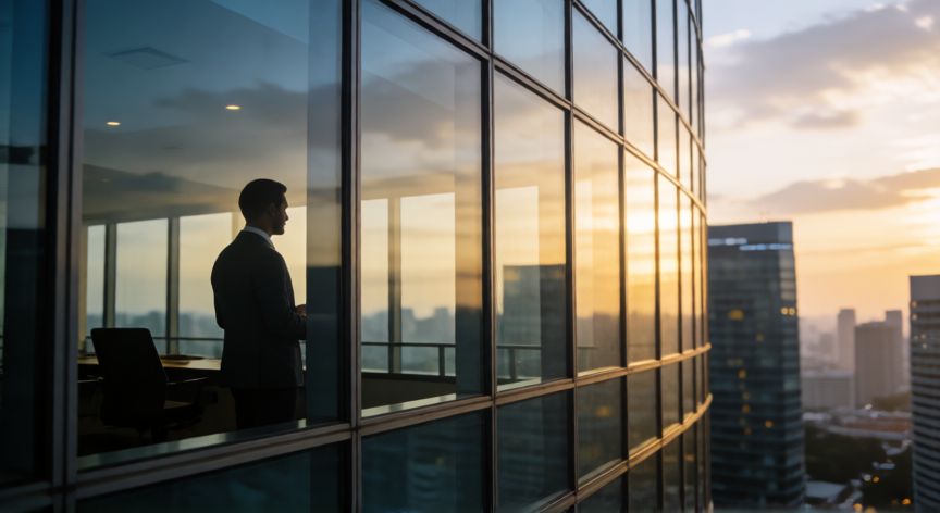Rascacielos moderno en Singapur al atardecer simbolizando oportunidades económicas globales