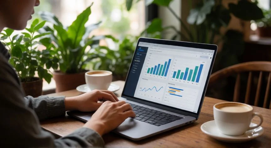 mejor pais para ganar dinero, Nómada digital trabajando con portátil en una cafetería de Vietnam mostrando gráficos financieros