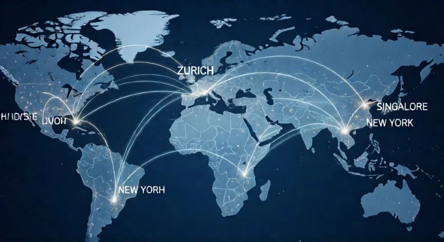mejor pais para guardar dinero, Mapa mundial mostrando conexiones financieras entre los mejores países para ahorrar dinero