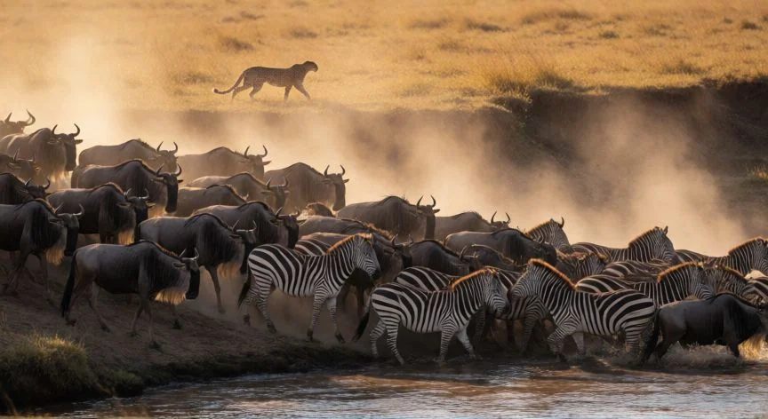 mejor pais para hacer safari, Manada de ñus cruzando el río durante la Gran Migración en el Serengeti
