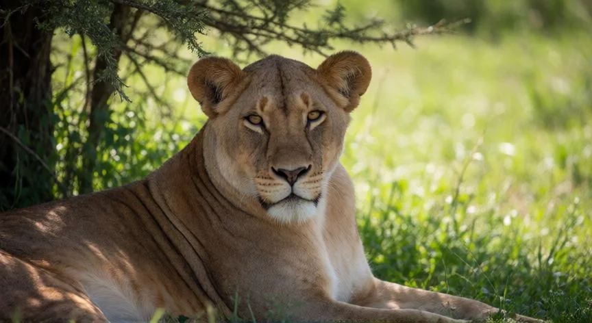 mejor pais para hacer safari, Retrato de una leona descansando bajo un árbol en una reserva sudafricana
