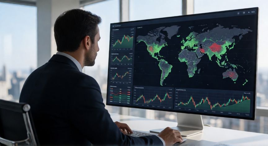 Analista financiero revisando datos globales de inversión en una oficina moderna