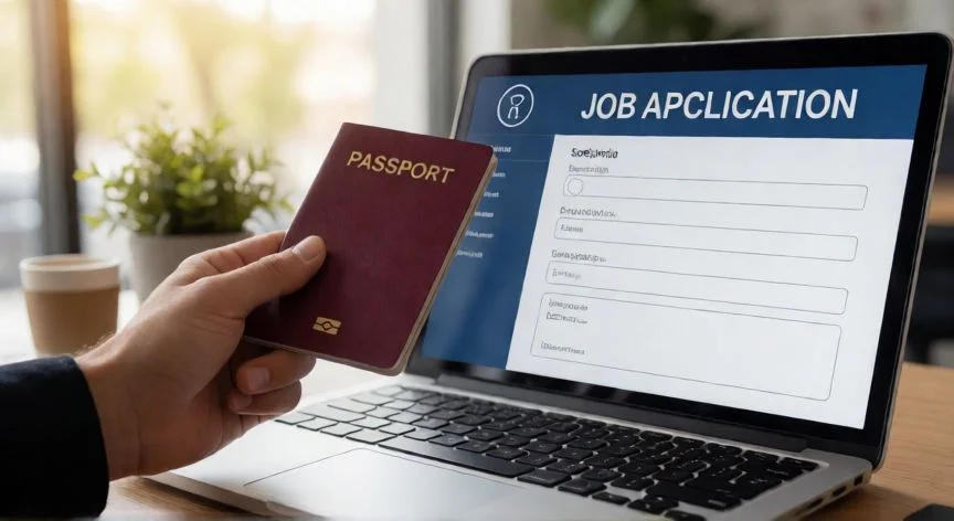 mejor pais para ir a trabajar, Pasaporte y portátil con solicitud de empleo en oficina