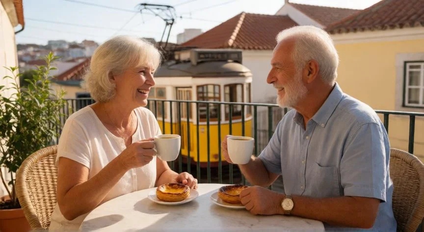 Jubilados españoles disfrutando en una terraza soleada en Lisboa, Portugal
