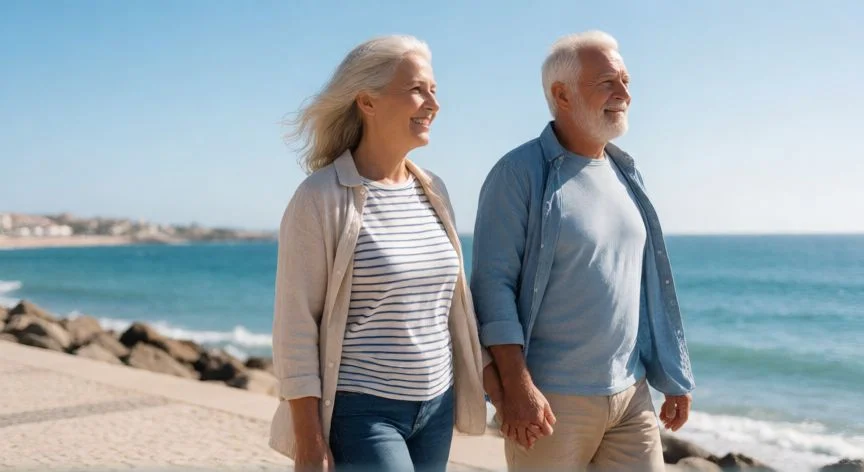 Pareja de jubilados paseando en la costa portuguesa disfrutando del buen clima