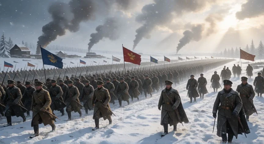mejor pais para jugar supremacy 1914, Ejército ruso avanzando en un campo de batalla nevado durante la Primera Guerra Mundial