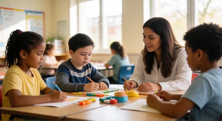 Aula inclusiva con niños y profesor de apoyo especializado en autismo