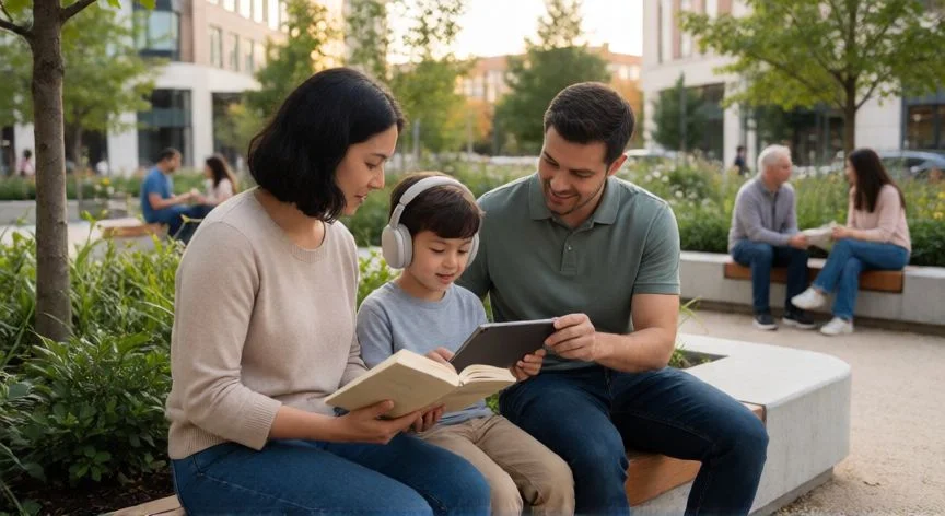 mejor país para niños con autismo, Familia disfrutando de tiempo libre en un parque sensorial inclusivo