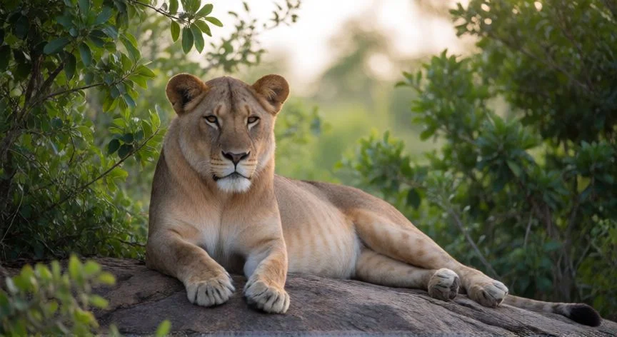 mejor pais para safari, León descansando sobre una roca en la selva de Sudáfrica