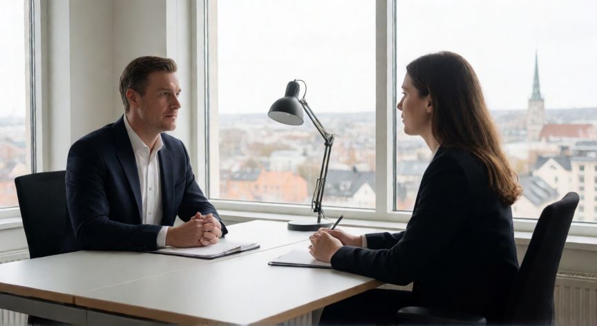 Profesionales trabajando en una oficina moderna con vistas a una ciudad escandinava