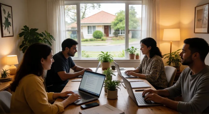 mejor pais para trabajar, Equipo diverso trabajando en remoto desde una oficina de casa con vistas a un suburbio australiano
