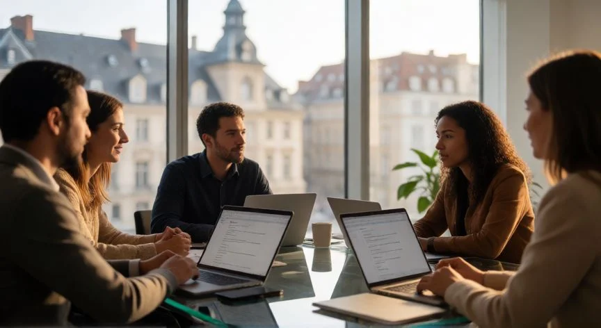 Equipo de trabajo colaborando en una oficina moderna europea
