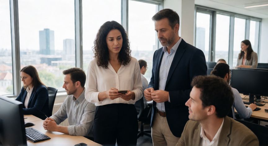 Profesionales españoles trabajando en una oficina moderna en Alemania