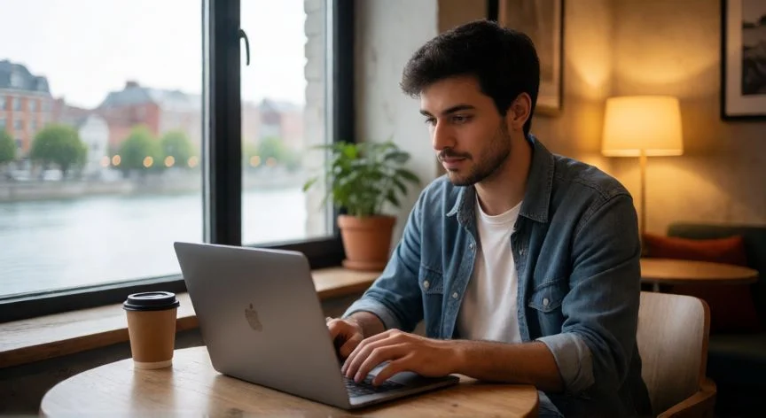 mejor país para trabajar españoles, Nómada digital español trabajando en un espacio de coworking en Canadá