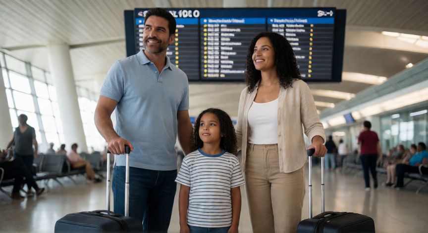 Familia cubana preparándose para emigrar en un aeropuerto internacional