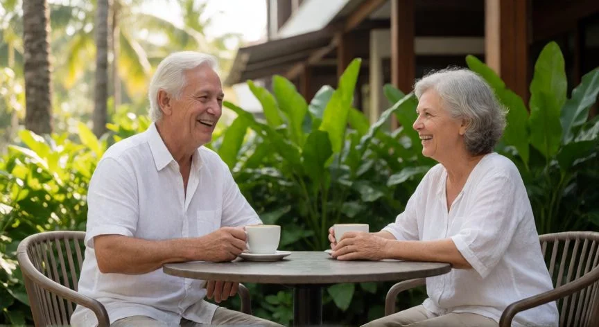 mejor pais para un jubilado español, Pareja de jubilados disfrutando del ocio en un destino exótico