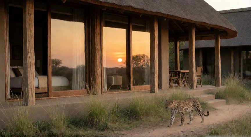 mejor pais para un safari, Lodge de lujo en la sabana con un leopardo caminando cerca