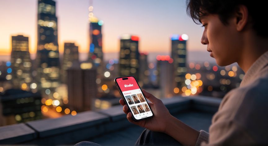 Persona usando Tinder en una azotea urbana al atardecer