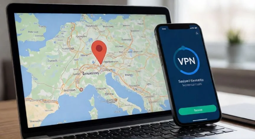 mejor pais para usar vpn, Portátil y móvil mostrando conexión a servidor en Suiza mediante aplicación de VPN