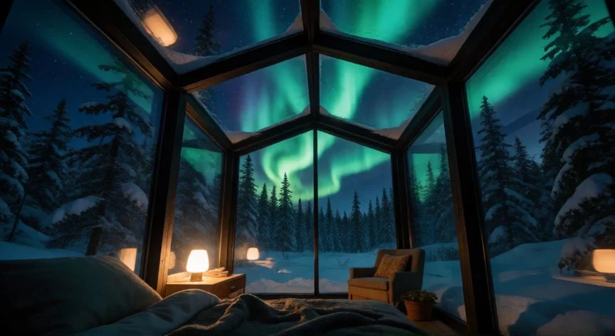mejor pais para ver auroras boreales, Vista de las auroras boreales desde una choza de cristal en Finlandia