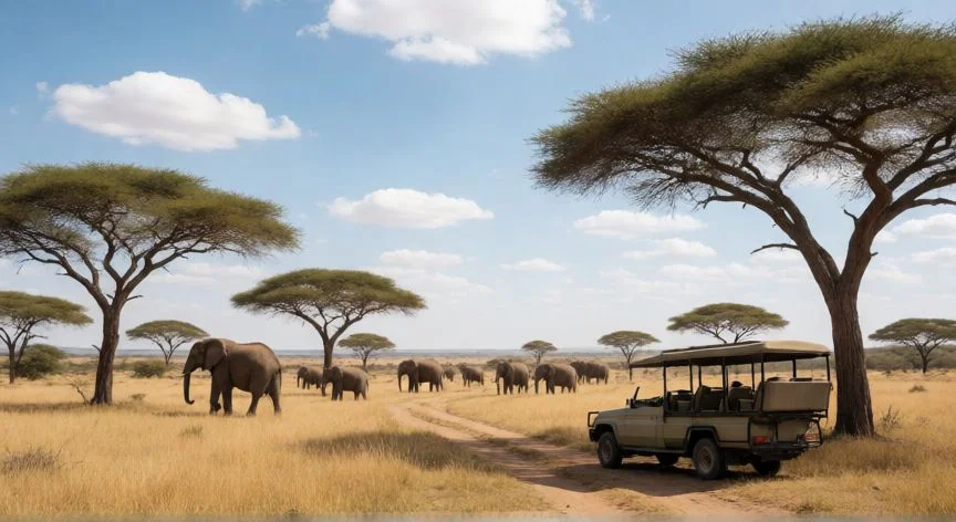 mejor pais para viajar en agosto, Paisaje de safari en Sudáfrica con elefantes y acacias bajo el sol de agosto