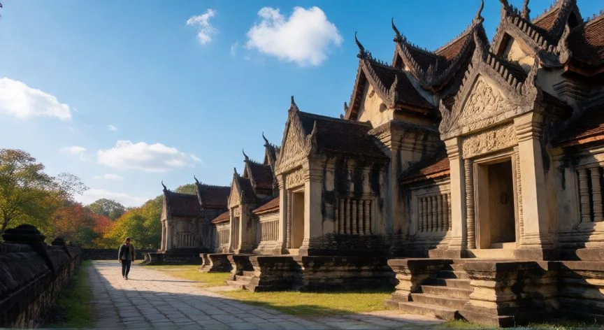 mejor pais para viajar en octubre, Templo en el sudeste asiático bajo un cielo despejado de octubre