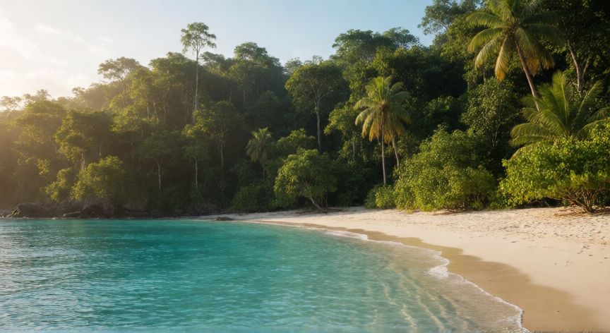 Playa tropical con mar turquesa y selva en la costa de Panamá o Ecuador en noviembre