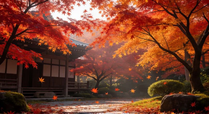 mejor pais para visitar en noviembre, Paisaje otoñal en Japón con hojas de arce rojas y doradas cayendo