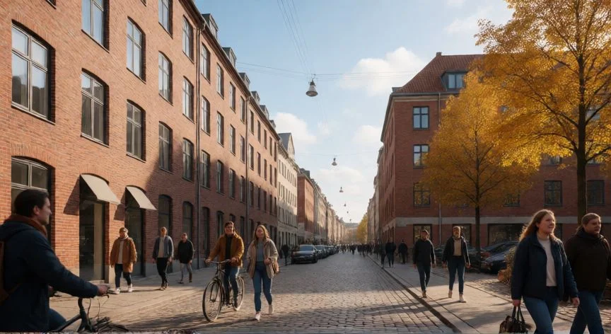Calle peatonal en Copenhague con bicicletas y arquitectura escandinava típica