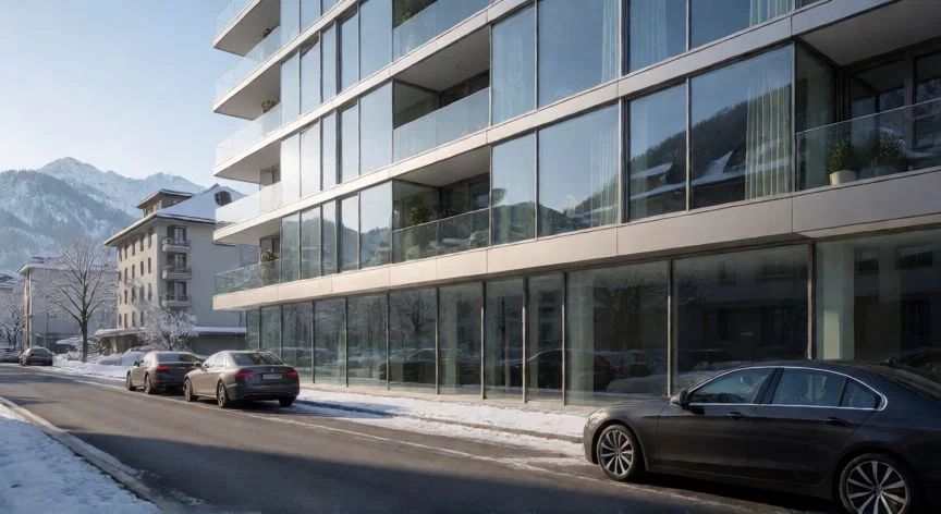 mejor pais para vivir, Edificio residencial moderno en Zúrich con vistas a las montañas nevadas