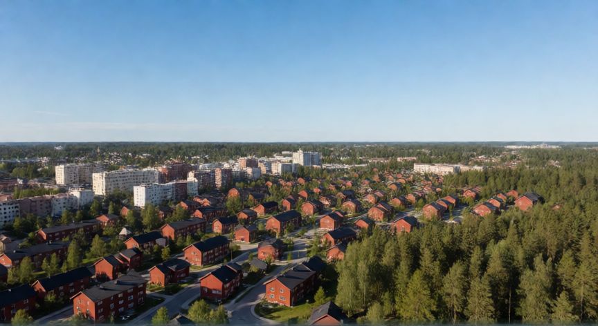 Vista aérea de una ciudad nórdica moderna con casas rojas y bosques verdes en un día soleado