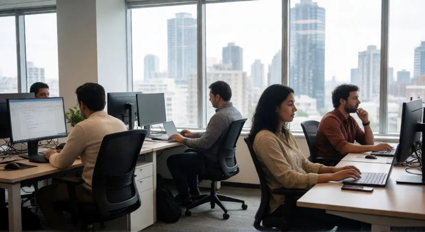mejor pais para vivir 2025, Profesionales trabajando en una oficina moderna con vista a la ciudad y luz natural
