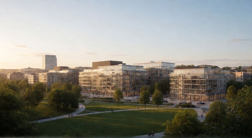 Vista panorámica de una ciudad escandinava moderna con parques y arquitectura sostenible al atardecer