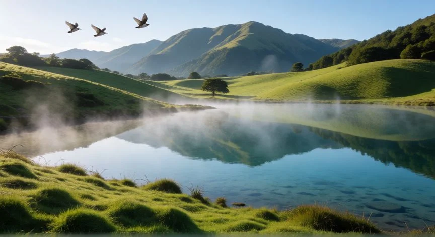 mejor pais para vivir del mundo, Paisaje natural de Nueva Zelanda con colinas verdes y un lago cristalino reflejando montañas