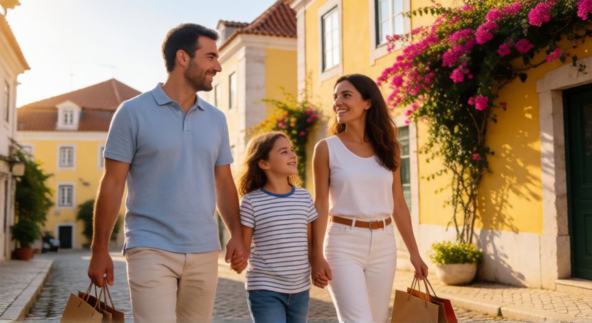 Familia española disfrutando de una tarde soleada en las calles de Lisboa, Portugal