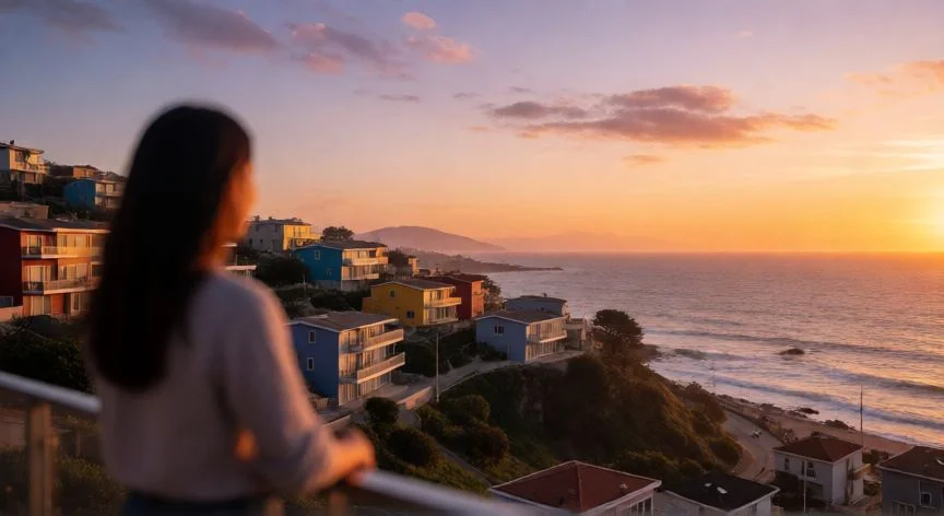mejor país para vivir un español, Vista panorámica de una ciudad costera chilena al atardecer con casas coloridas