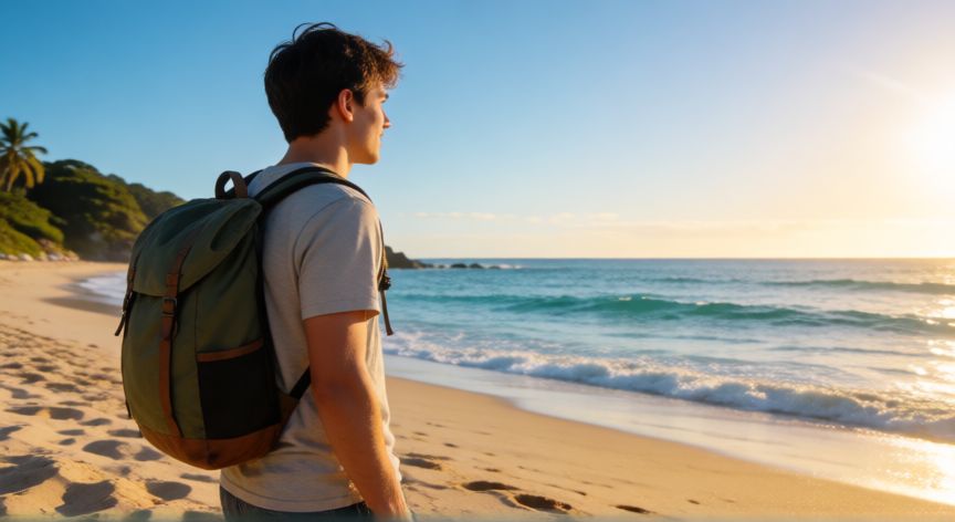 Viajero con mochila en una playa soleada de Australia durante el working holiday