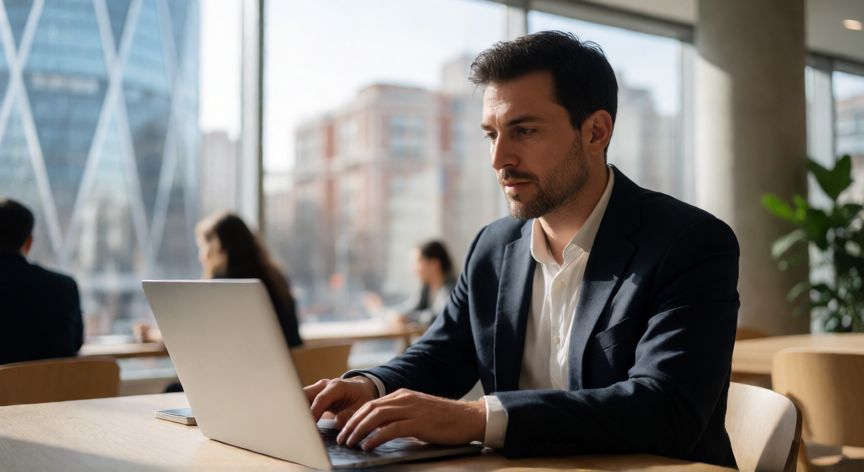 Nómada digital trabajando en un espacio de coworking moderno en España