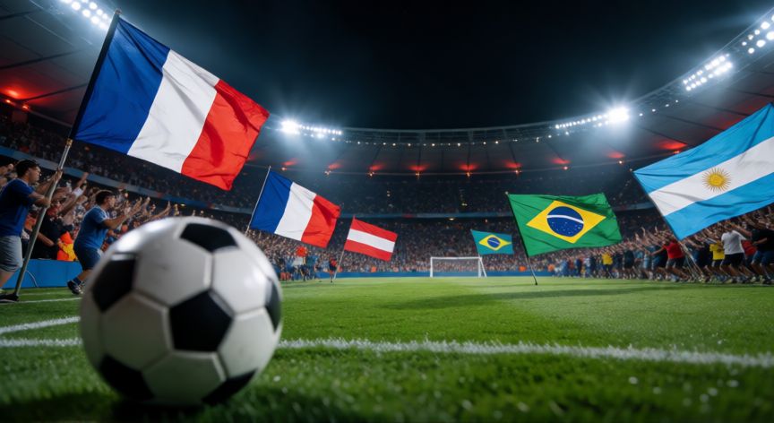 Estadio de fútbol lleno con banderas de Francia, Brasil y Argentina bajo las luces nocturnas